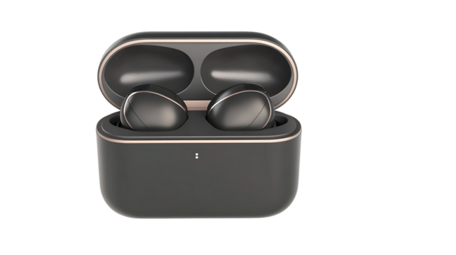 Wireless Audio: An elegantly designed wireless audio device, presented in a sleek, modern case, symbolizing a confluence of cutting-edge audio and streamlined convenience.