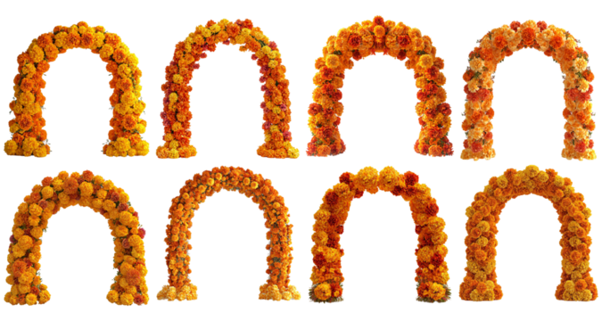 Set of decorative marigold flower arches isolated on white background, traditional festive floral gates for Indian wedding, celebration, and Diwali decoration