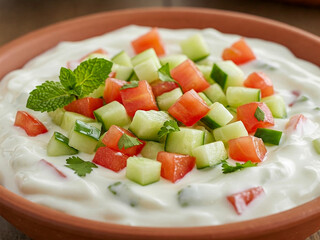 A refreshing bowl of homemade raita, a traditional yogurt-based dish, garnished with finely diced cucumber, tomato, and fresh mint leaves. 