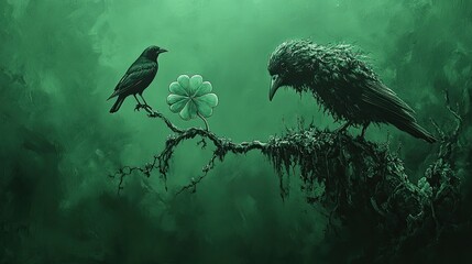 Fototapeta premium Dark forest crows with shamrock, mystical scene