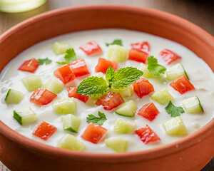 A refreshing bowl of homemade raita, a traditional yogurt-based dish, garnished with finely diced cucumber, tomato, and fresh mint leaves. 