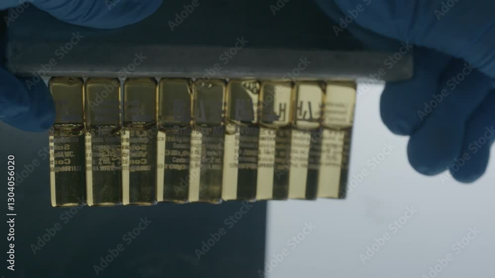Poster close-up view of a researcher analyzing bottles to ensure they are properly sealed.