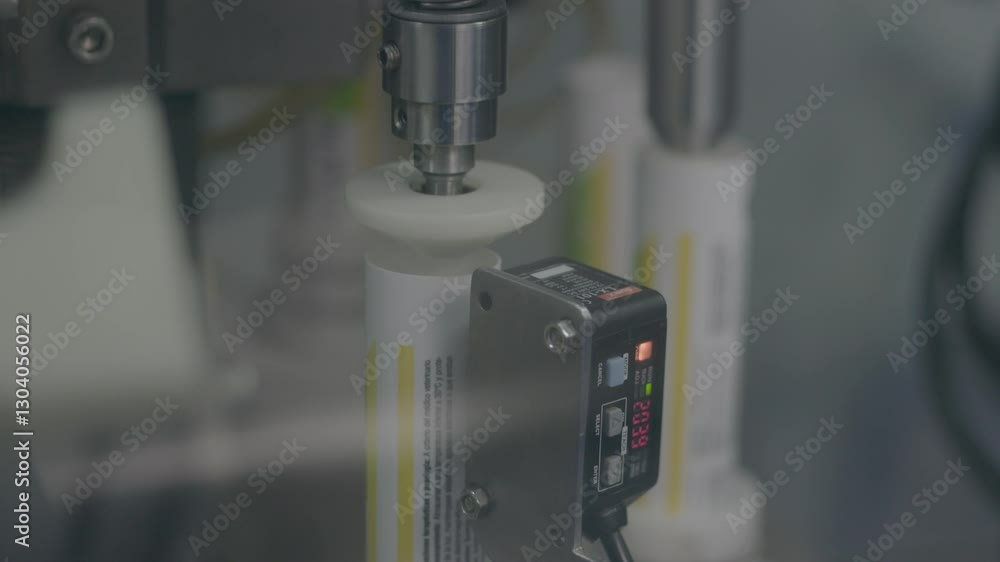 Poster high-precision, advanced machine that aligns metal tubes for medications with accuracy, using automa