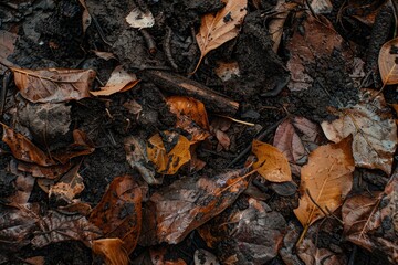 Autumn Leaves on Wet Ground with Dark Soil Background