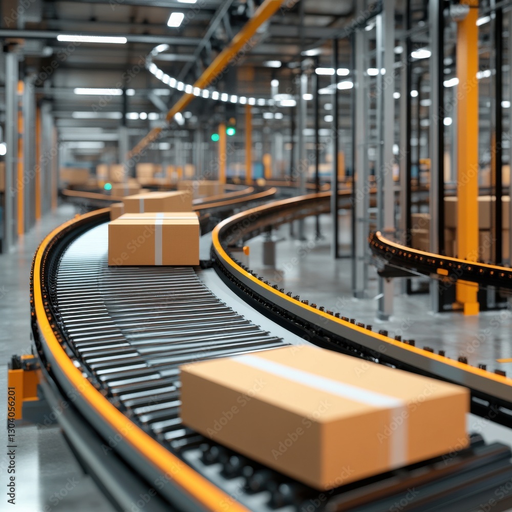 Aufkleber a busy warehouse scene featuring packages on a conveyor belt, highlighting efficient logistics and a