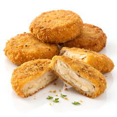Crispy, golden-brown chicken patties or fish cakes coated in breadcrumbs, perfectly fried and isolated on a white background.