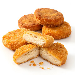 Crispy, golden-brown chicken patties or fish cakes coated in breadcrumbs, perfectly fried and isolated on a white background.