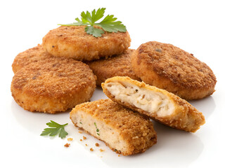 Crispy, golden-brown chicken patties or fish cakes coated in breadcrumbs, perfectly fried and isolated on a white background.