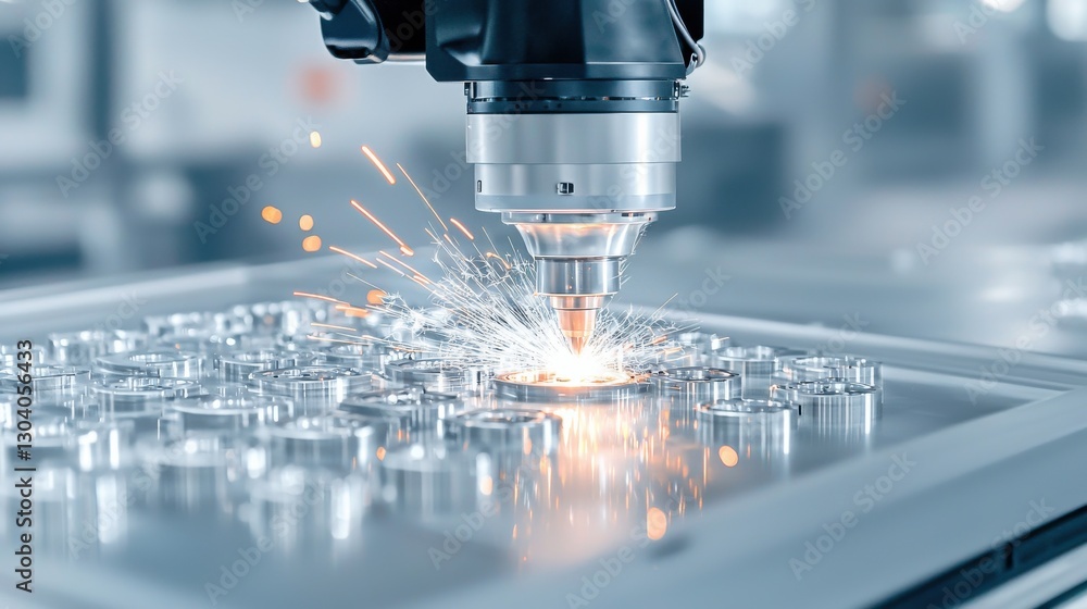 Poster a laser cutting machine creates sparks while precision cutting metal components on a production tabl