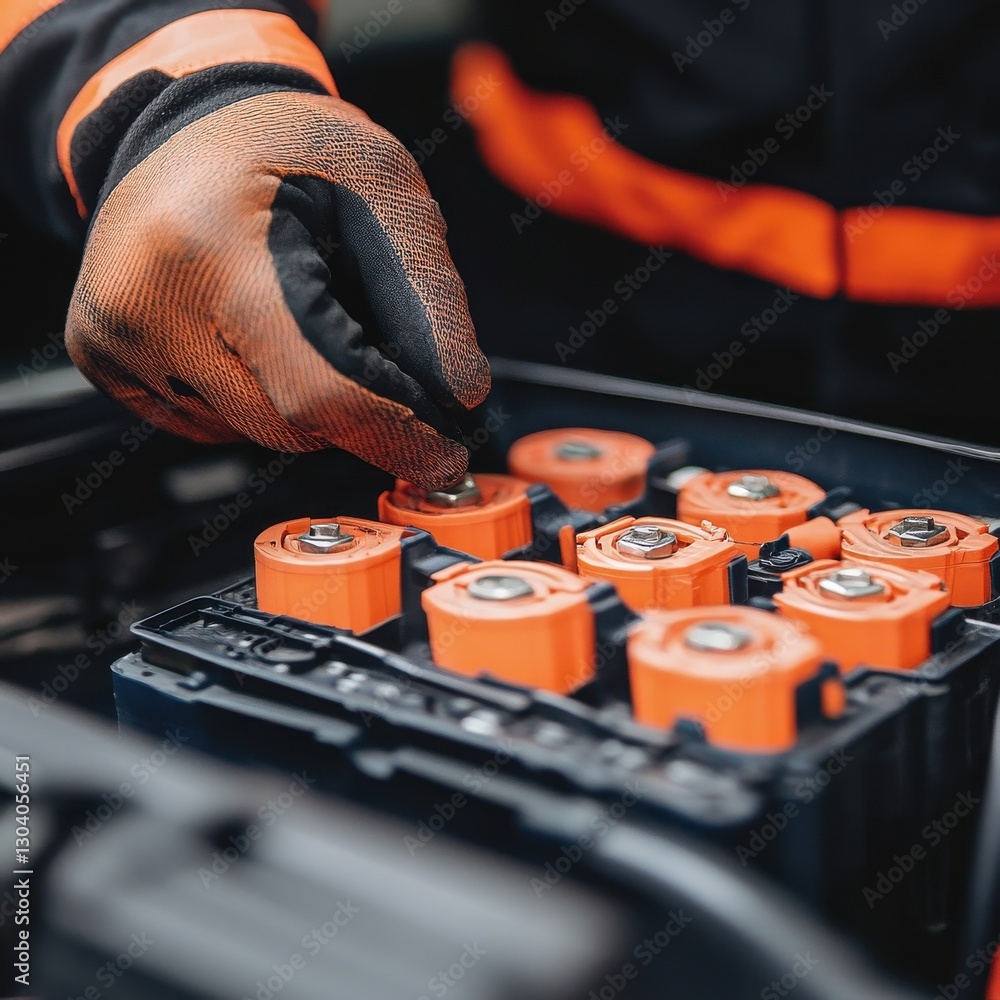Poster a technician is replacing a battery terminal using a gloved hand, focusing on a battery pack with or