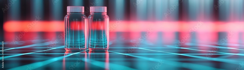 Poster two transparent bottles filled with liquid, placed on a reflective surface, illuminated by vibrant b