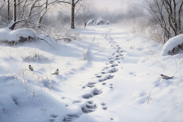 Bird footprints in the dense snow on the ground generative ai
