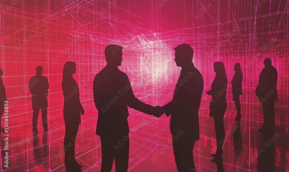 Poster silhouettes of people interacting against a vibrant, digital background, symbolizing connection and 