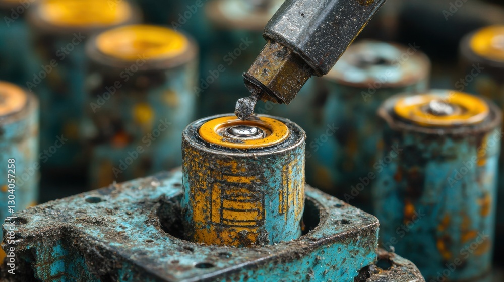 Poster a close-up of a tool applying liquid to a rusty battery, showcasing corrosion on the surface and a w