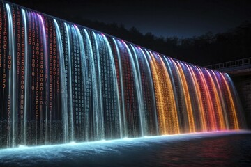 A dynamic, high-resolution image of cascading digital waterfalls made of binary code and abstract graph elements, suggesting deep computational analysis.