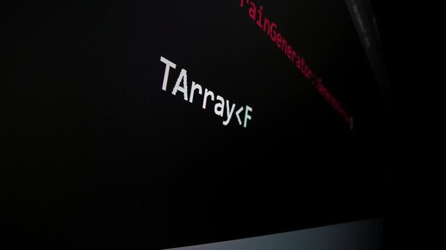 Closeup macro shot movement of coding script moving across LED screen with real-time AI-generated typing, showcasing advanced AI learning in optimization, debug and coding for software development.