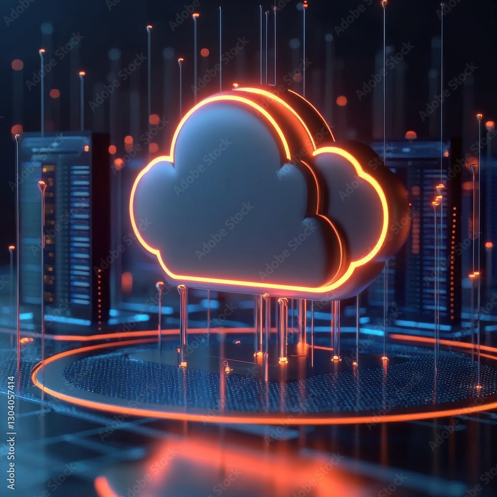 Poster a glowing cloud symbol surrounded by digital elements, representing cloud computing and technology i