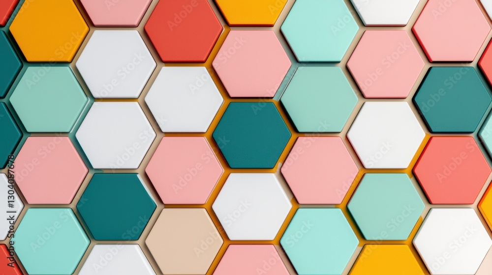 Poster a colorful arrangement of hexagonal tiles in various pastel shades, creating a modern and geometric 