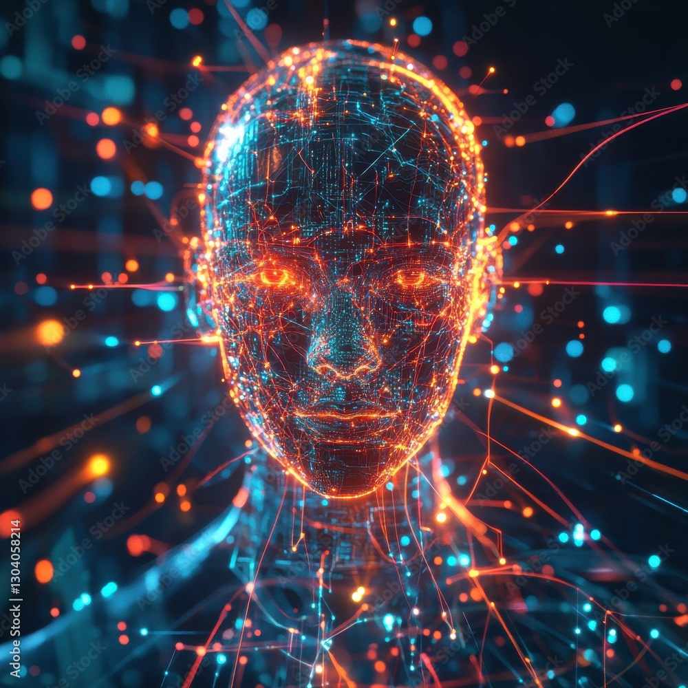 Poster a digital representation of a humanoid figure with glowing circuitry and vibrant colors, symbolizing