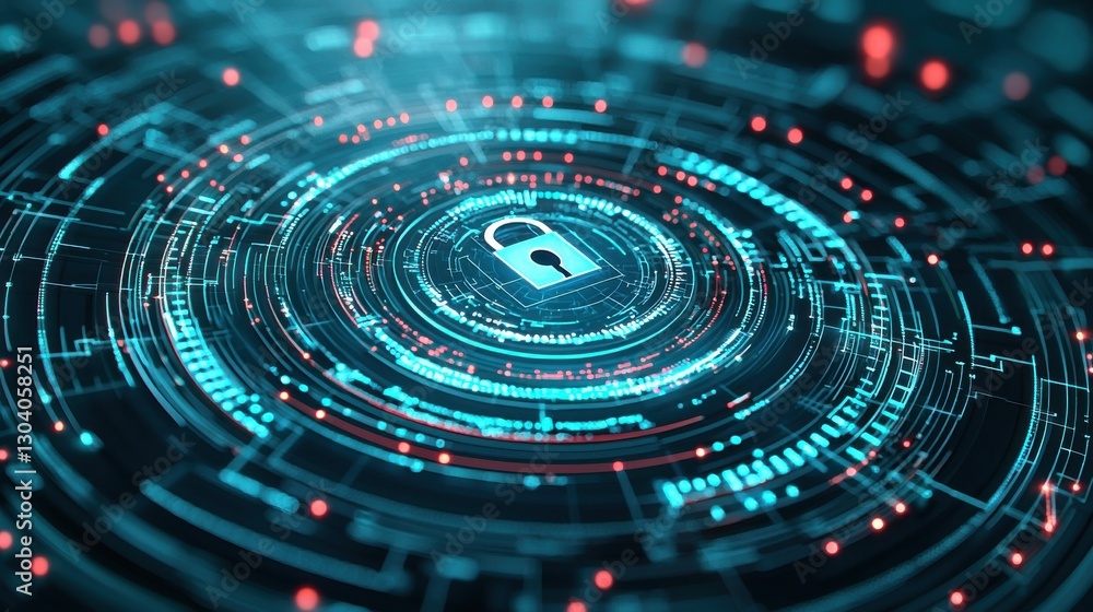 Poster a digital lock symbol is centered in a high-tech, circular design, featuring glowing blue and red el