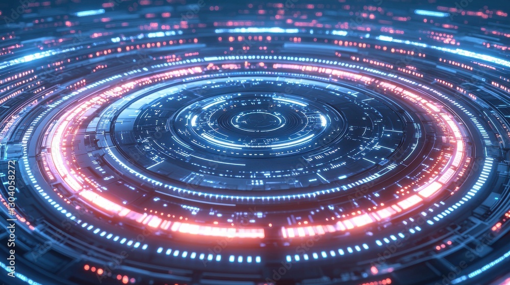Poster a vibrant, futuristic circular design featuring glowing blue and red lights, creating a dynamic and 