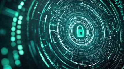 Obraz premium A glowing digital lock symbol surrounded by concentric data patterns, representing cybersecurity and encryption in a futuristic design.