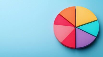 Obraz premium A colorful pie chart on a light blue background, showcasing various segments in vibrant colors, representing data visually.