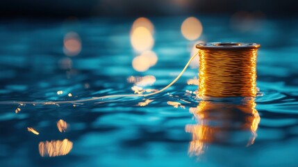 Golden thread spool on rippled water at twilight