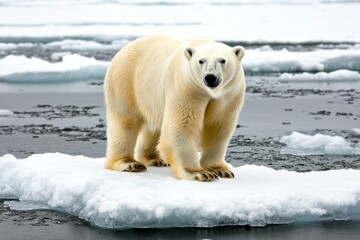 Fototapeta premium A polar bear walking on polluted ice, surrounded by blackened snow due to oil spills
