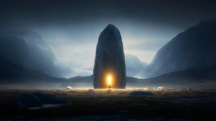 A colossal ancient stone guardian awakening from its slumber to protect a hidden mysterious treasure deep within the misty dramatic mountain landscape  This epic