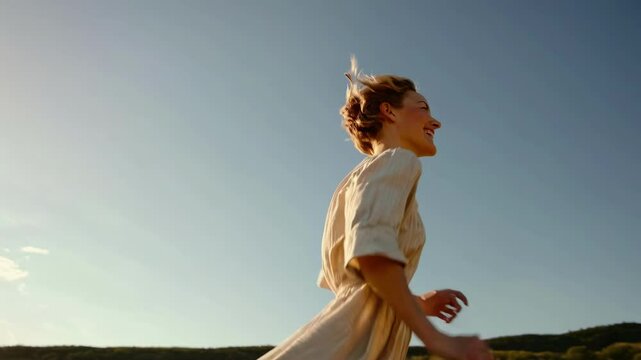 A woman joyfully runs through a sunlit field, captured in a wide-angle shot. The video style is warm and cinematic, emphasizing freedom and nature.