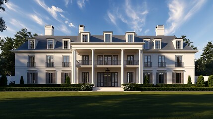 Fototapeta premium Elegant Hamptons-style mansion with symmetrical architecture and lush estate in a serene coastal setting