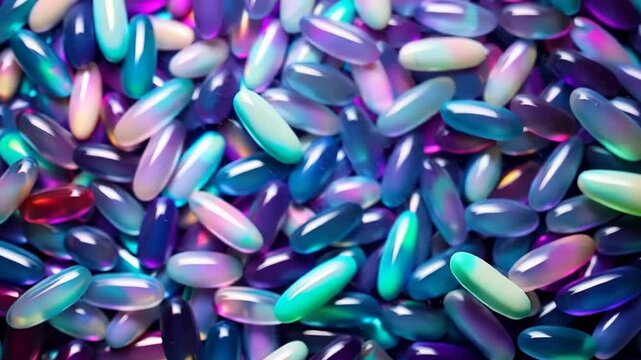 Background with pills and capsules in neon blue and purple colors. Medical drug or dietary supplement concept