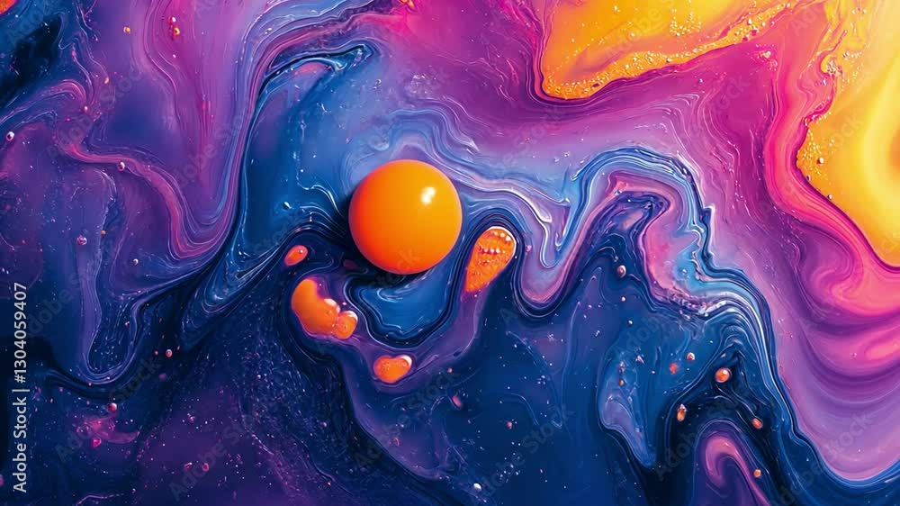 Poster vibrant artistic sphere: a captivating swirl of rich, multicolored hues cradles a smooth, orange sph