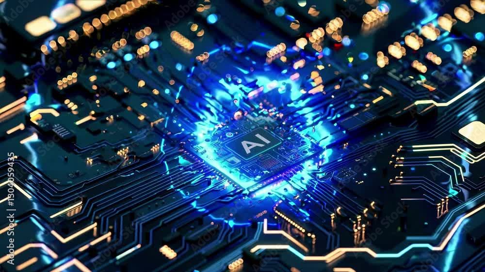 Aufkleber aerial view of a glowing ai microchip on a circuit board, showcasing futuristic technology. perfect 
