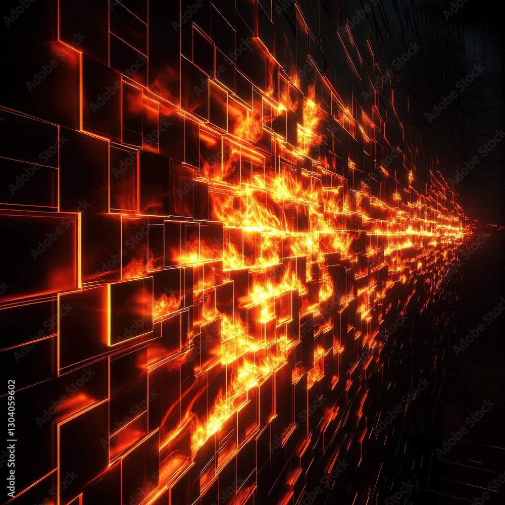 Poster a dynamic, glowing pattern of orange light beams radiating across a dark, grid-like background, crea