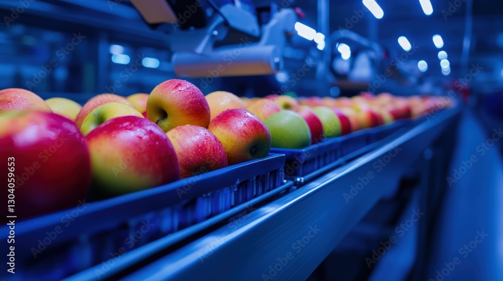 Poster automated apple sorting on a conveyor belt in a modern factory