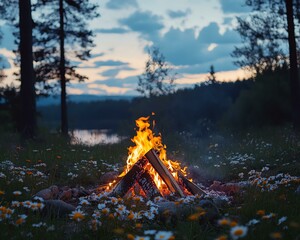 Naklejka premium Cozy campfire in a serene nature setting.