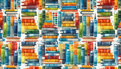 カラフルな水彩の本とアートツールのシームレスパターン