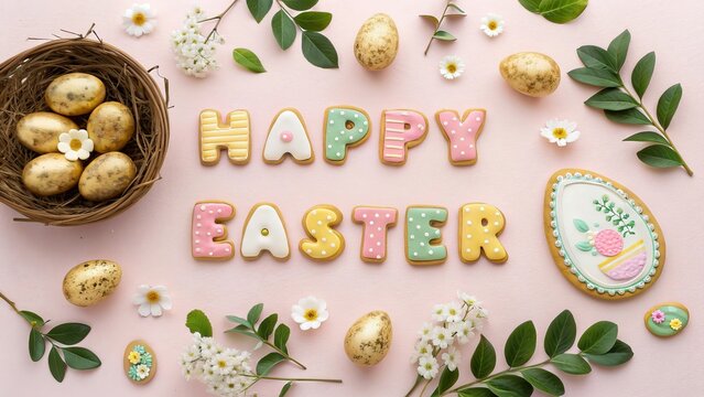 Colorful Happy Easter Cookies and Decorated Eggs with Spring Flowers.