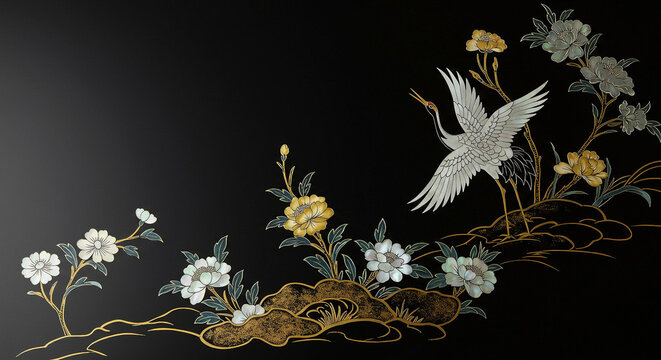 Korean Mother-of-Pearl Inlay Art - Cranes and Peonies in Black Lacquer