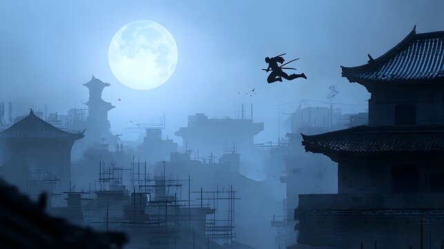 A ninja silhouette leaping gracefully between rooftops during a suspenseful moonlit chase across the city skyline creating a dramatic and atmospheric scene of action and adventure