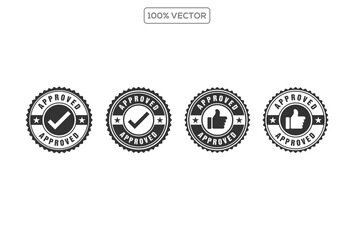 set of Approved black circle rubber seal stamp icon. Flat vector illustration isolated on transparant background