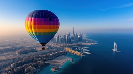 Colorful hot air balloon over Dubai skyline at sunrise