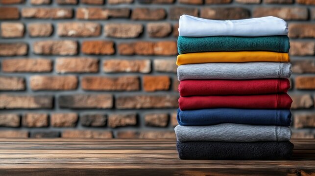 A stack of folded shirts sitting on top of a wooden table