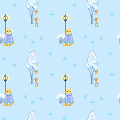 Fototapeta premium Watercolor seamless pattern: cat, goose, snowflake, tree, snow, lanterns. Art.Cozy winter hand drawn illustration for design wrapping, textile, card, print, fabric, Christmas decoration, digital paper