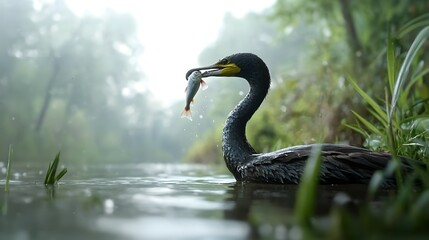 A photograph of a cormorant surfacing from a deep dive its beak grasping a wriggling fish its wet feathers glistening as it breaks the water s surface