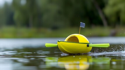 A race boat made from a hollow zucchini with celery paddles skimming across a tranquil lake on a sunny summer day creating a dynamic and whimsical scene in the natural environment