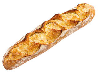 A long, crusty baguette with a golden-brown exterior and a soft interior, showcasing a beautifully patterned surface, Transparent background.
