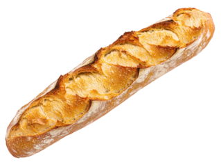 A long, crusty baguette with a golden-brown exterior and a soft interior, showcasing a beautifully patterned surface, Transparent background.